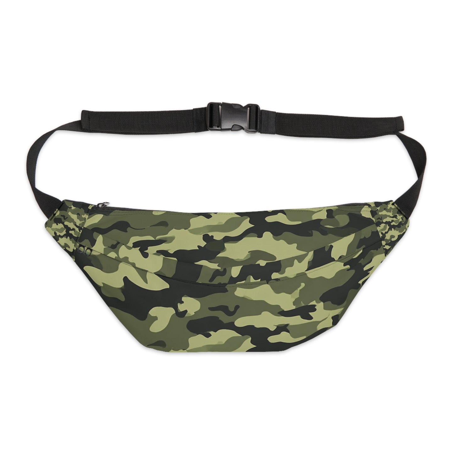 Large military camo fanny pack flat lay – green camouflage polyester canvas waist bag
