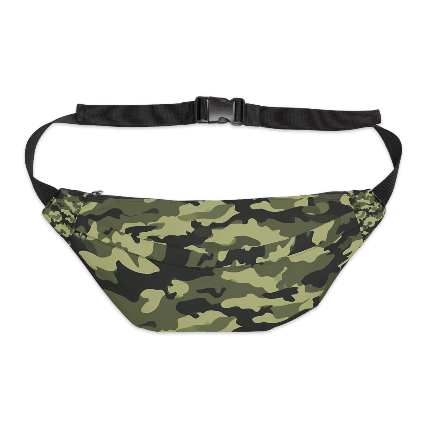 Large military camo fanny pack flat lay – green camouflage polyester canvas waist bag
