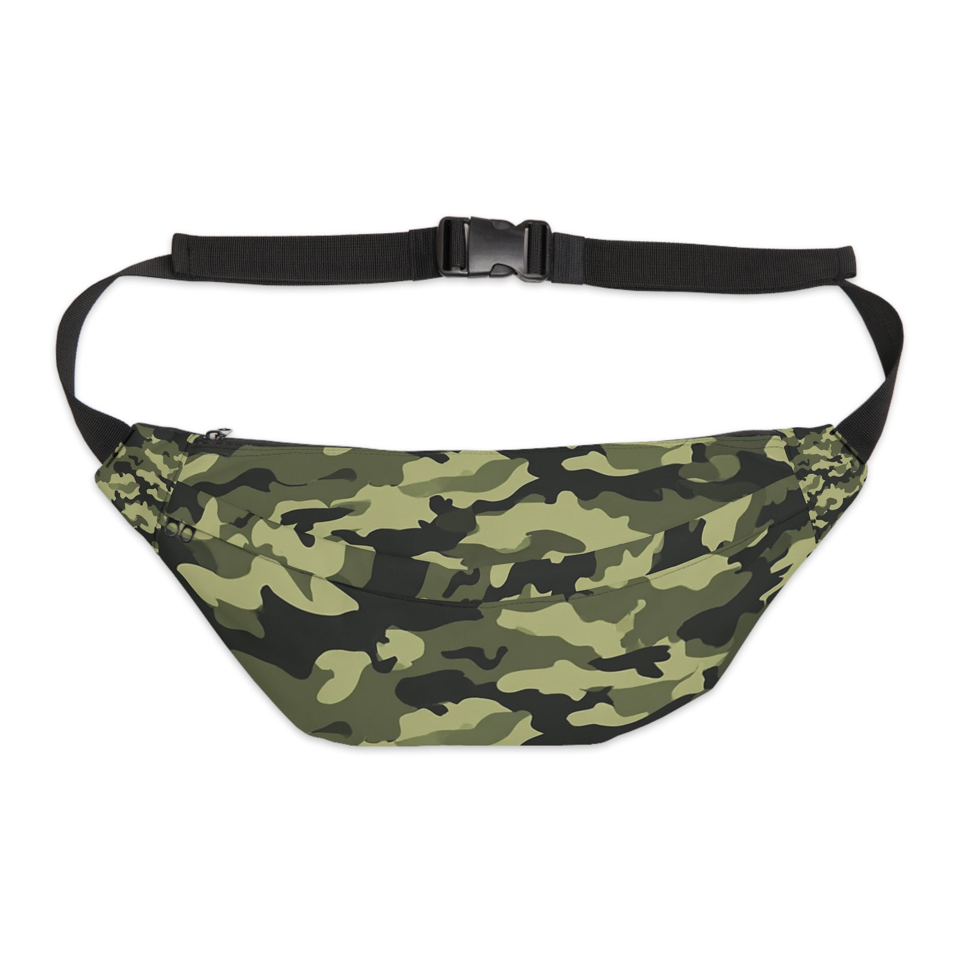 Large military camo fanny pack flat lay – green camouflage polyester canvas waist bag
