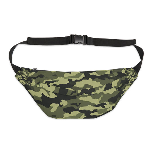 Large military camo fanny pack flat lay – green camouflage polyester canvas waist bag

