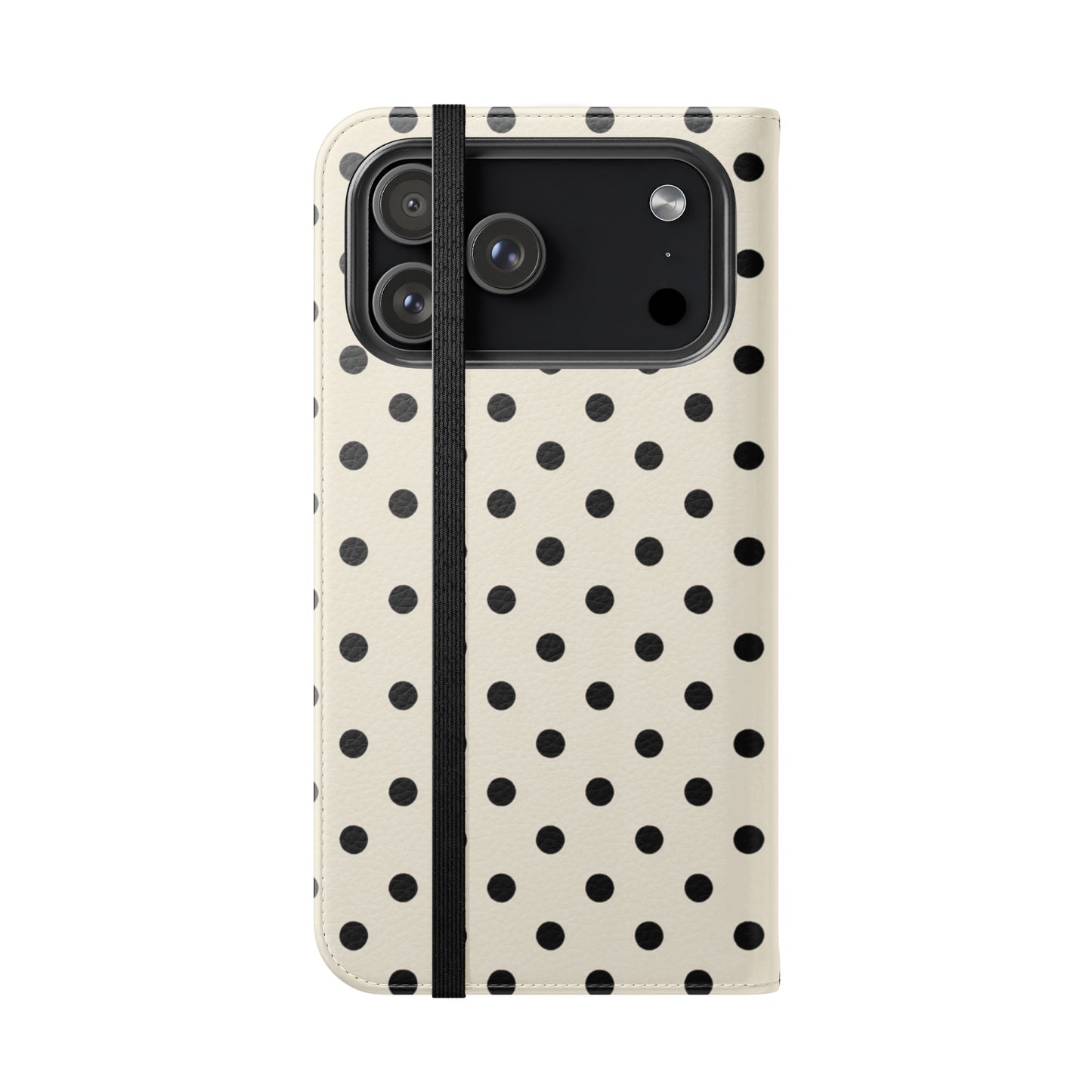 Vintage-inspired flip case with polka dot pattern featuring built-in card slots and hands-free stand
