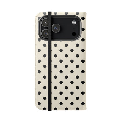 Vintage-inspired flip case with polka dot pattern featuring built-in card slots and hands-free stand
