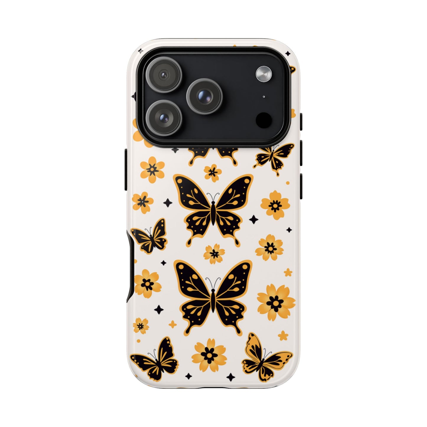 Butterfly floral phone case with yellow flowers and black butterflies - Premium dual-layer protection for iPhone, Samsung Galaxy & Google Pixel
