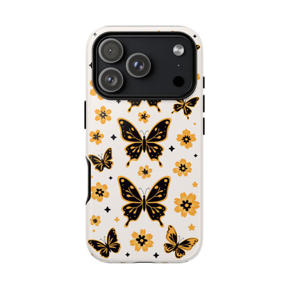 Butterfly floral phone case with yellow flowers and black butterflies - Premium dual-layer protection for iPhone, Samsung Galaxy & Google Pixel
