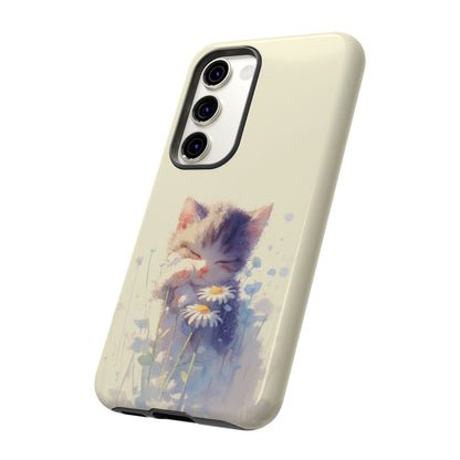 Kawaii kitten phone case with pastel daisy design - shock-absorbing protective cover for all phone models
