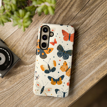 Funda resistente con estampado de mariposas - Protectora floral naranja y azul marino para iPhone, Samsung Galaxy y Google Pixel
