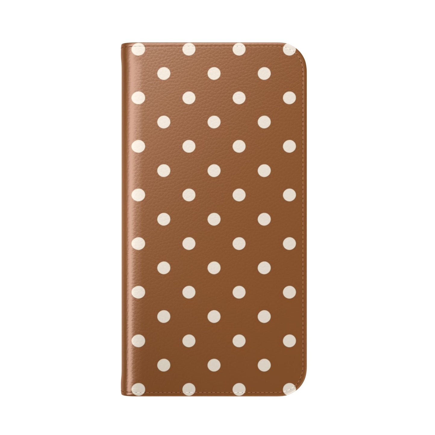 Brown polka dot phone wallet case with D-ring attachment and hands-free stand for iPhone and Samsung Galaxy devices
