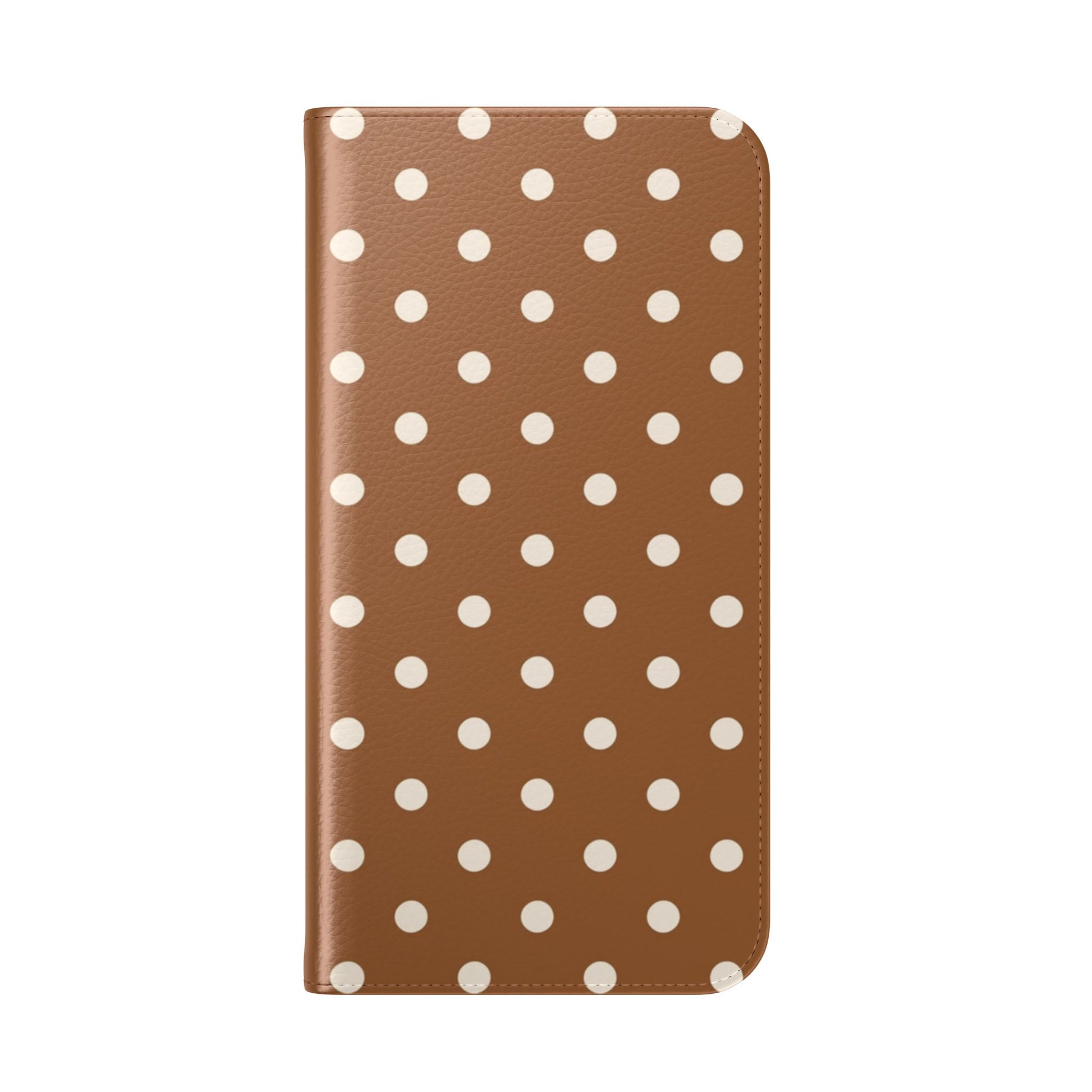 Brown polka dot phone wallet case with D-ring attachment and hands-free stand for iPhone and Samsung Galaxy devices
