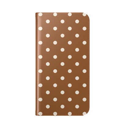 Brown polka dot phone wallet case with D-ring attachment and hands-free stand for iPhone and Samsung Galaxy devices

