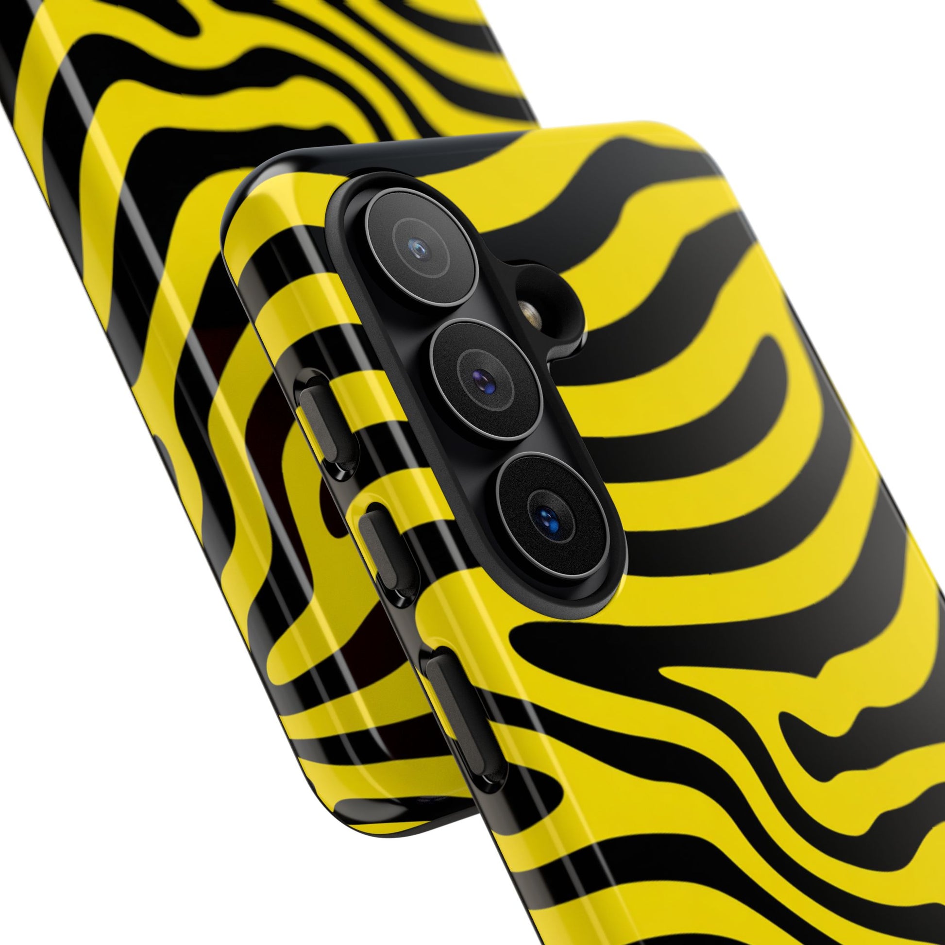 Groovy Retro Wavy Lines Tough Phone Case with Yellow and Black Op Art Pattern - Fits iPhone 17 Pro Max, Samsung Galaxy S26 Ultra, and Google Pixel 9 Pro XL
