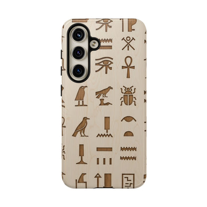 Egyptian Hieroglyphics Tough Phone Case - Wood Grain Ancient Symbols Protective Cover for iPhone, Samsung Galaxy & Google Pixel