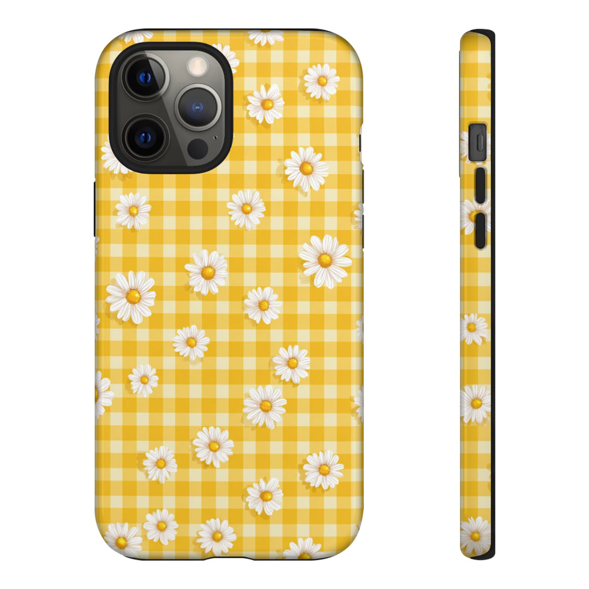 Coque de téléphone résistante à carreaux vichy Daisy - Coque de protection florale jaune style cottagecore pour iPhone, Samsung Galaxy et Google Pixel
