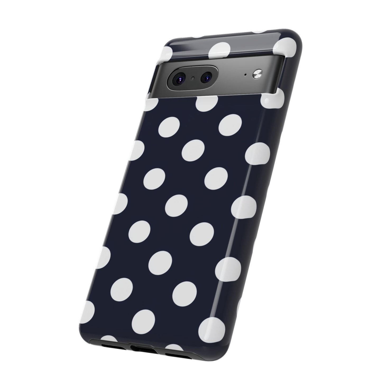 Sophisticated navy blue and white polka dot protective phone cover
