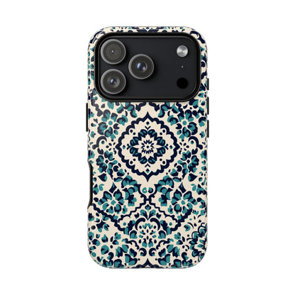 Floral Damask Phone Case - Teal Navy Watercolor Pattern on Creamy Background - Front View
