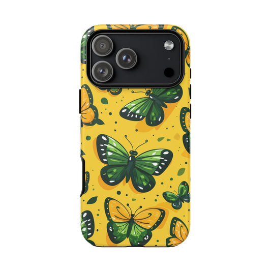 Robuste Handyhülle mit grünen Schmetterlingen – Schutzhülle mit gelbem Cartoon-Design für iPhone, Samsung Galaxy & Google Pixel