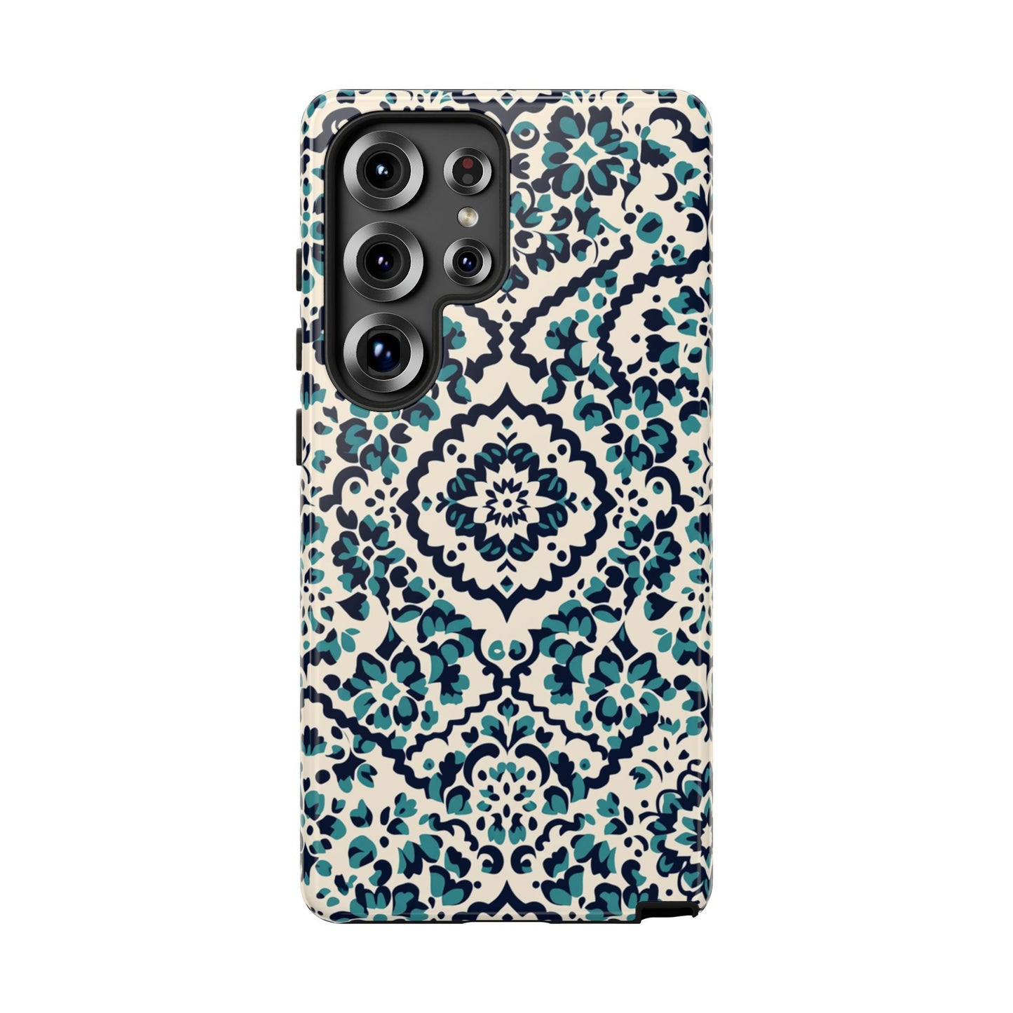 Florales Damast Tough Handyhülle – Petrol-Navy Gemusterter Schutzhülle für iPhone, Samsung Galaxy & Google Pixel