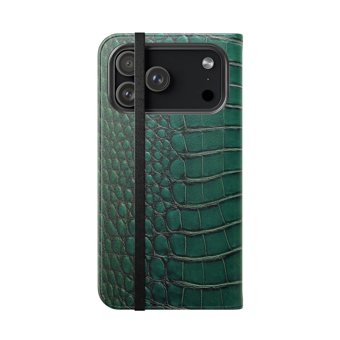 Luxury crocodile pattern flip case in deep emerald green with built-in kickstand and card holder slots for all phones