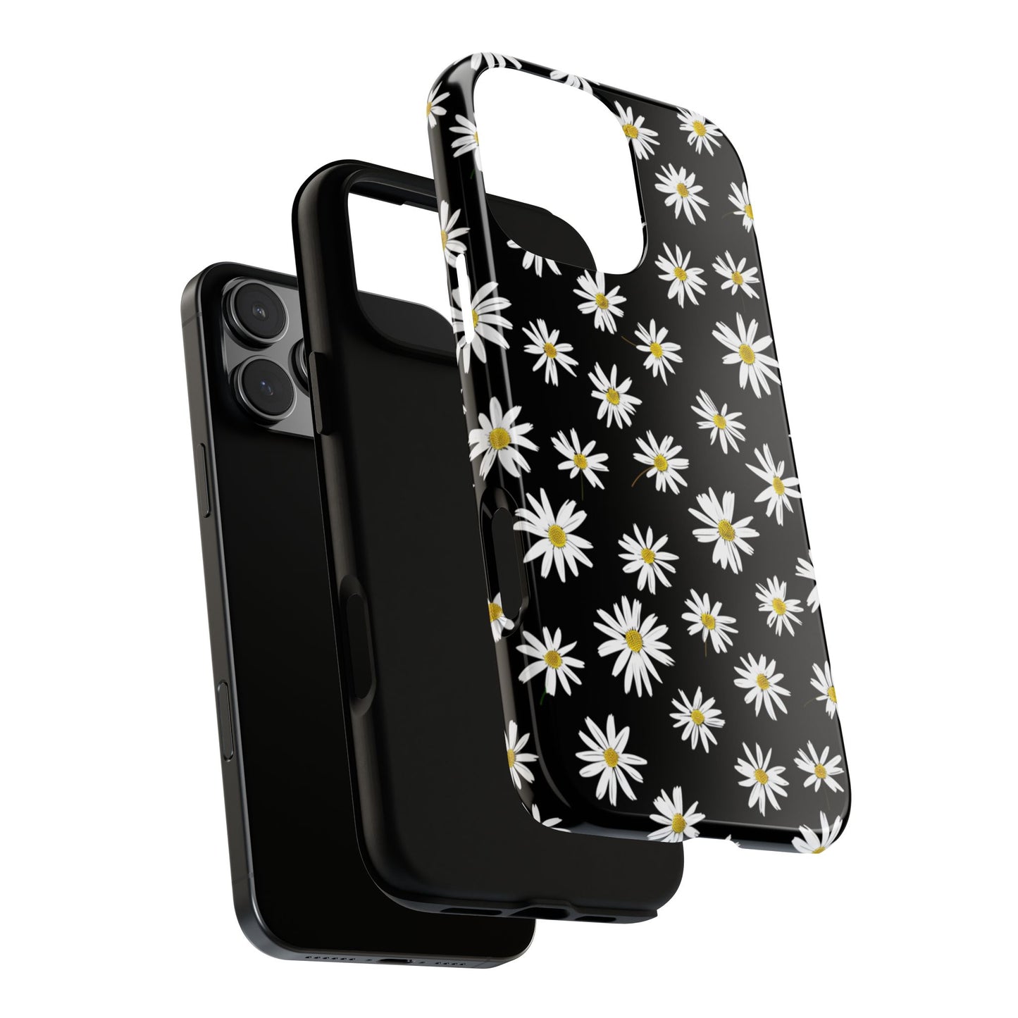 Coque de téléphone résistante à motif marguerites - Coque de protection florale noire pour iPhone, Samsung Galaxy et Google Pixel