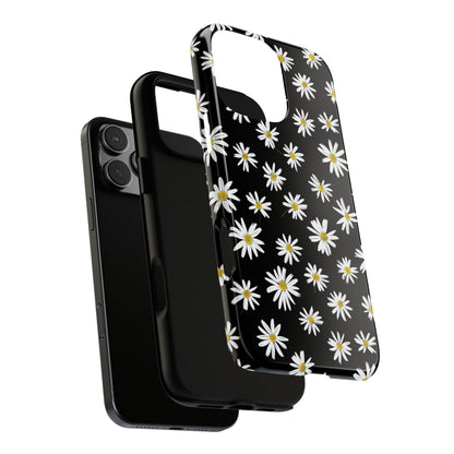 Coque de téléphone résistante à motif marguerites - Coque de protection florale noire pour iPhone, Samsung Galaxy et Google Pixel