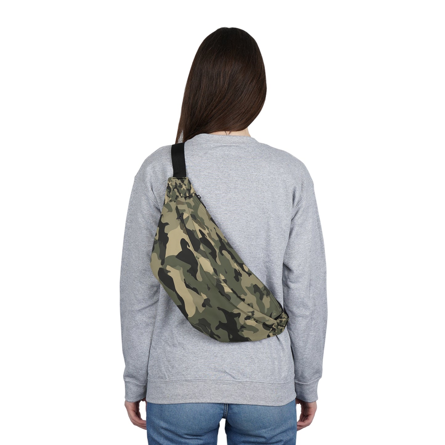 Woman with large camo fanny pack worn crossbody – military style waist bag for outdoor use
