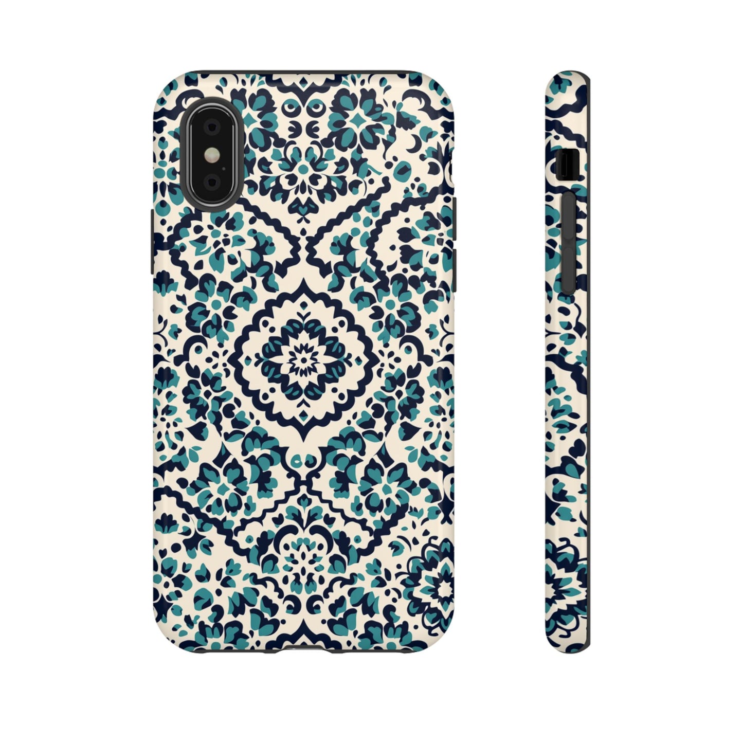 Watercolor Floral Phone Case - Teal Navy Damask Pattern - Protective Cover Back View

