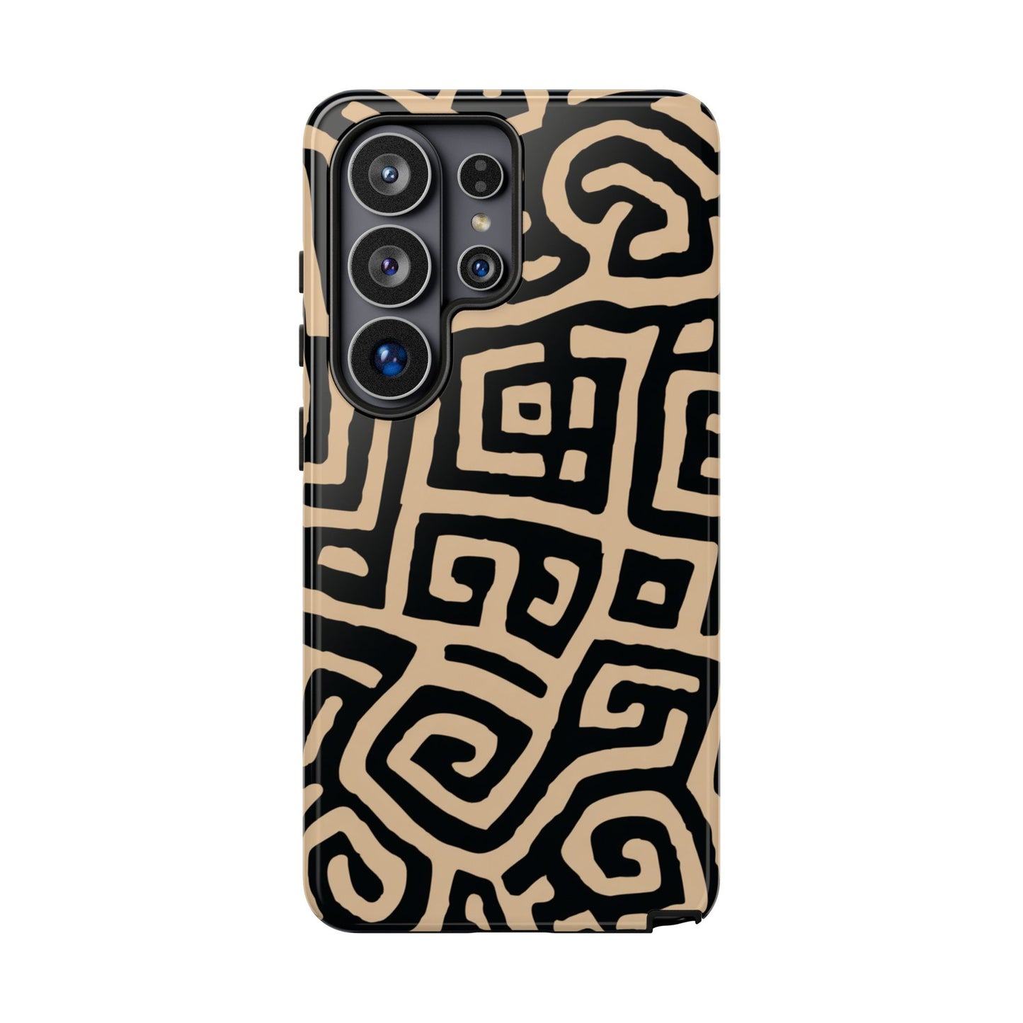 Afrikanisches Stammes-Labyrinth Handyhülle – Beige & Schwarz Geometrisches Muster Schutzhülle für iPhone, Samsung Galaxy & Google Pixel