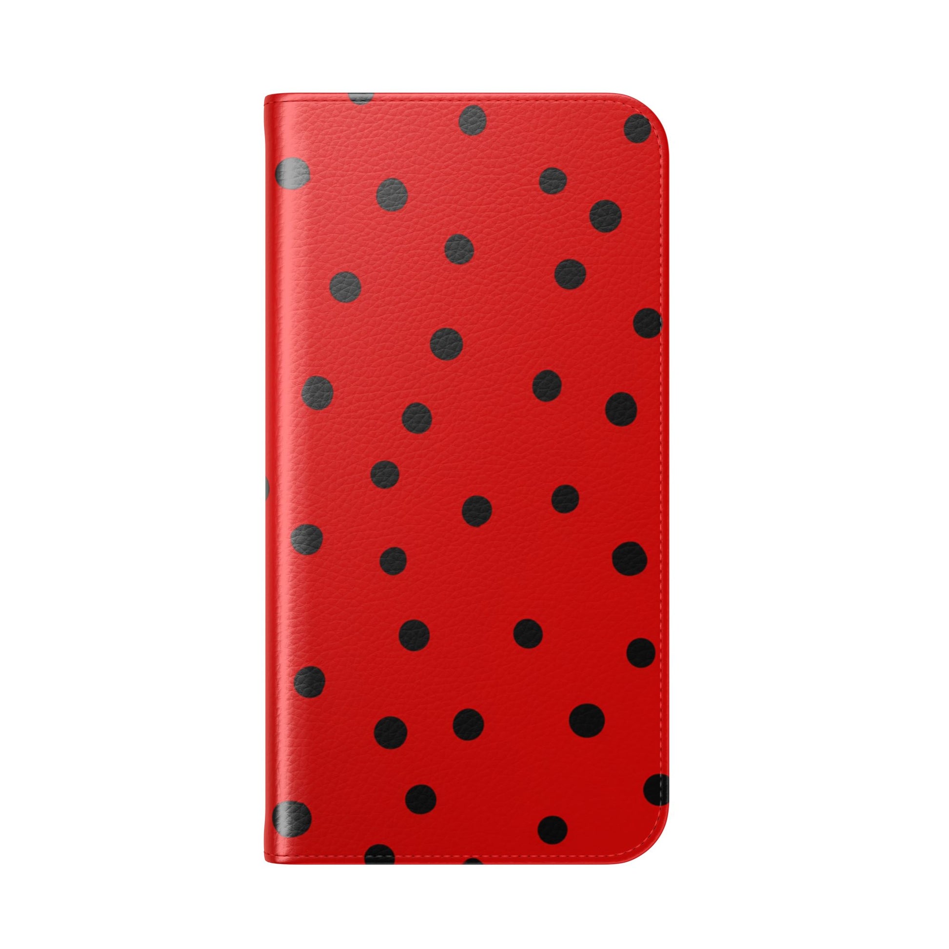 Vintage-inspired red phone wallet with black polka dot design, D-ring attachment and magnetic closure
