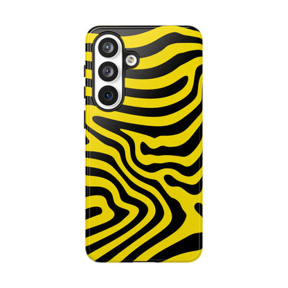 Psychedelic Yellow and Black Wavy Lines Phone Case featuring Op Art Optical Illusion Design for iPhone 17 Pro, Samsung Galaxy S26 Plus, and Google Pixel 9 Pro
