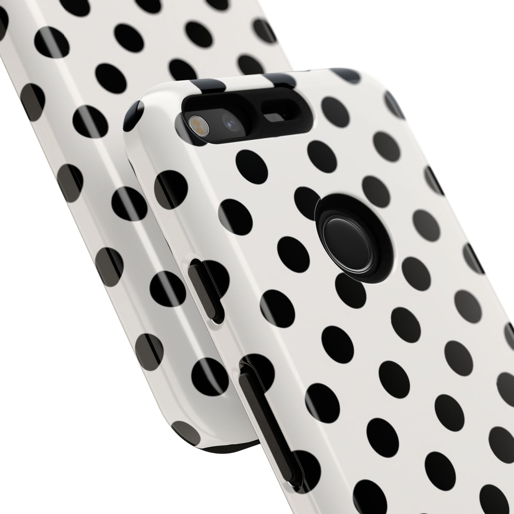 Close-up of black polka dot phone case showing UV-resistant print quality and precise dot pattern detail
