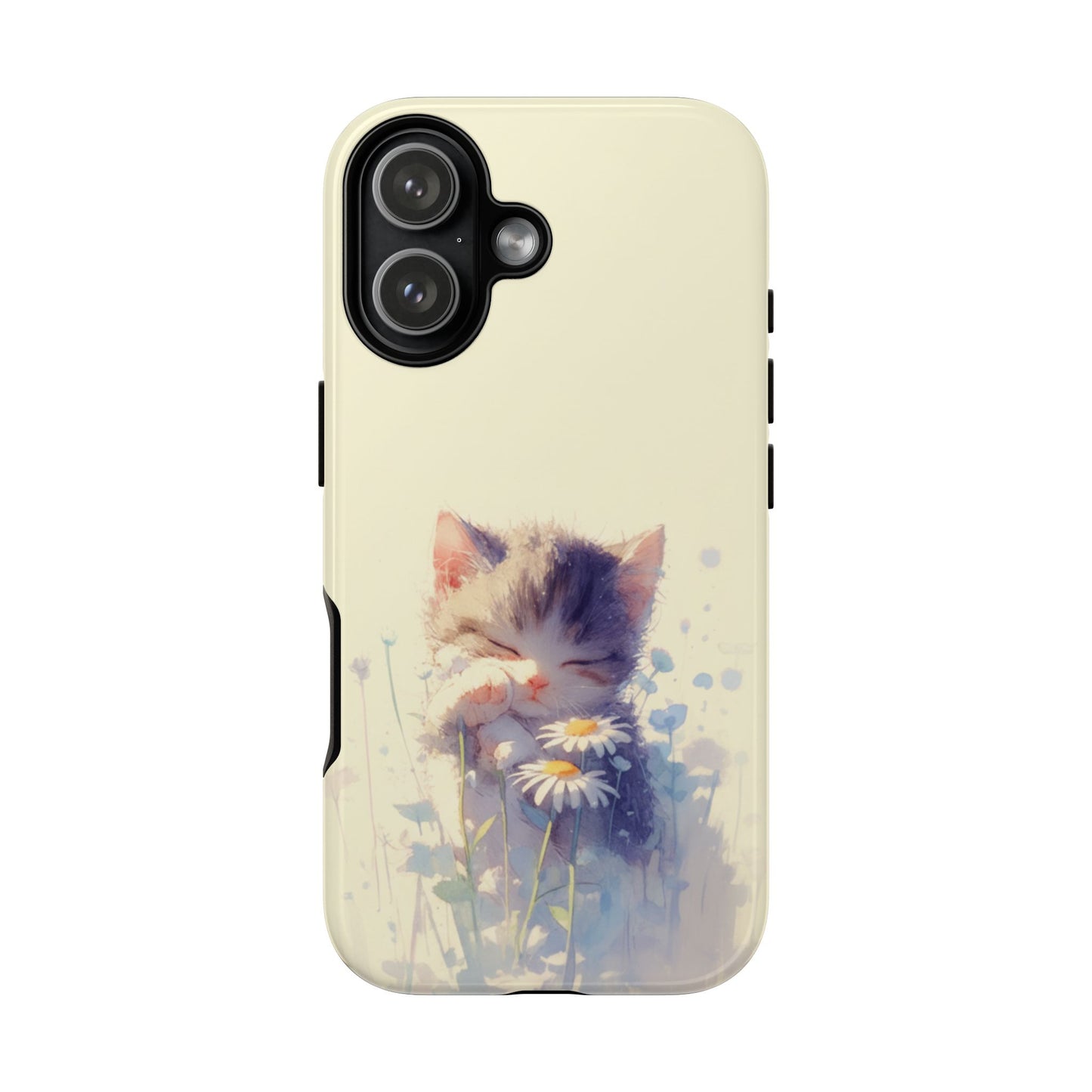 Watercolor kitten tough phone case with white daisies - dual-layer protective cover for all phone models

