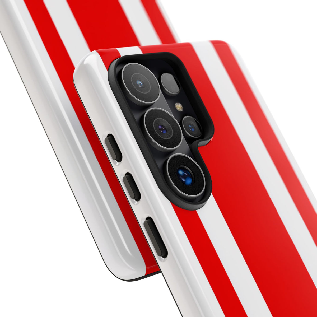 Coque de téléphone résistante à rayures rouges et blanches style course automobile - Motif à rayures verticales audacieuses pour iPhone, Samsung Galaxy et Google Pixel