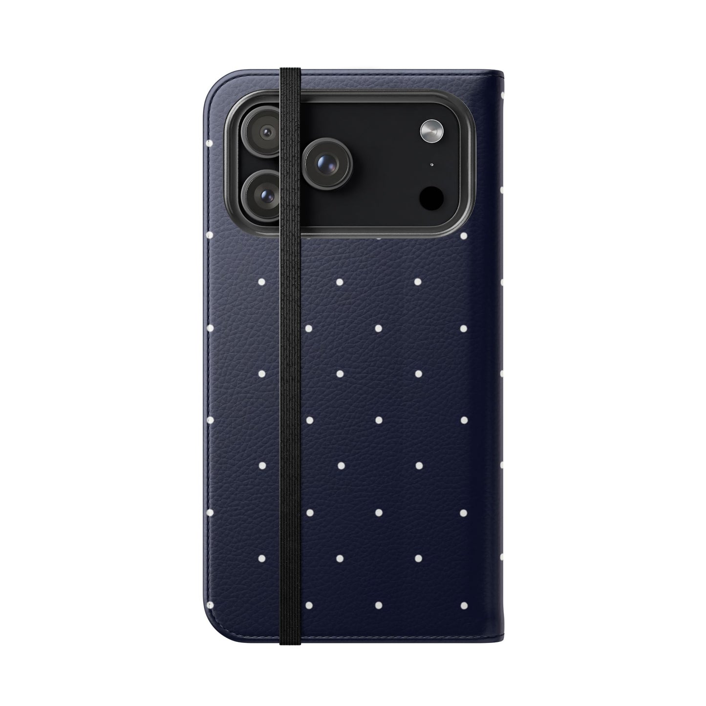 Classic navy polka dot flip case with small white dots, built-in kickstand and card holder slots for all phone models
