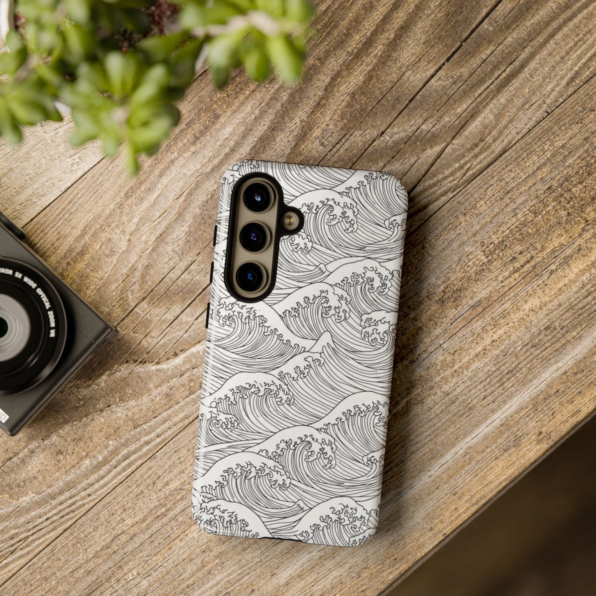 Japanese art phone case with hand-drawn wave pattern
