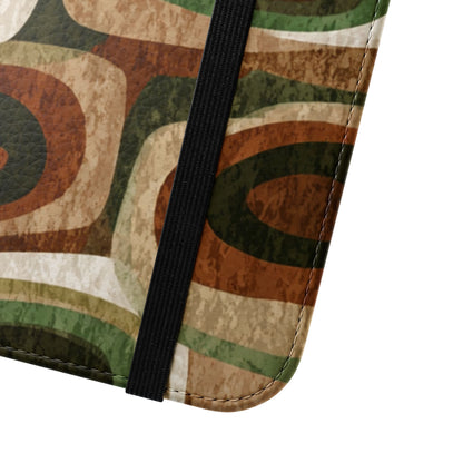 Retro abstract flip phone case with mid-century geometric pattern in green and brown earth tones for iPhone and Samsung Galaxy

