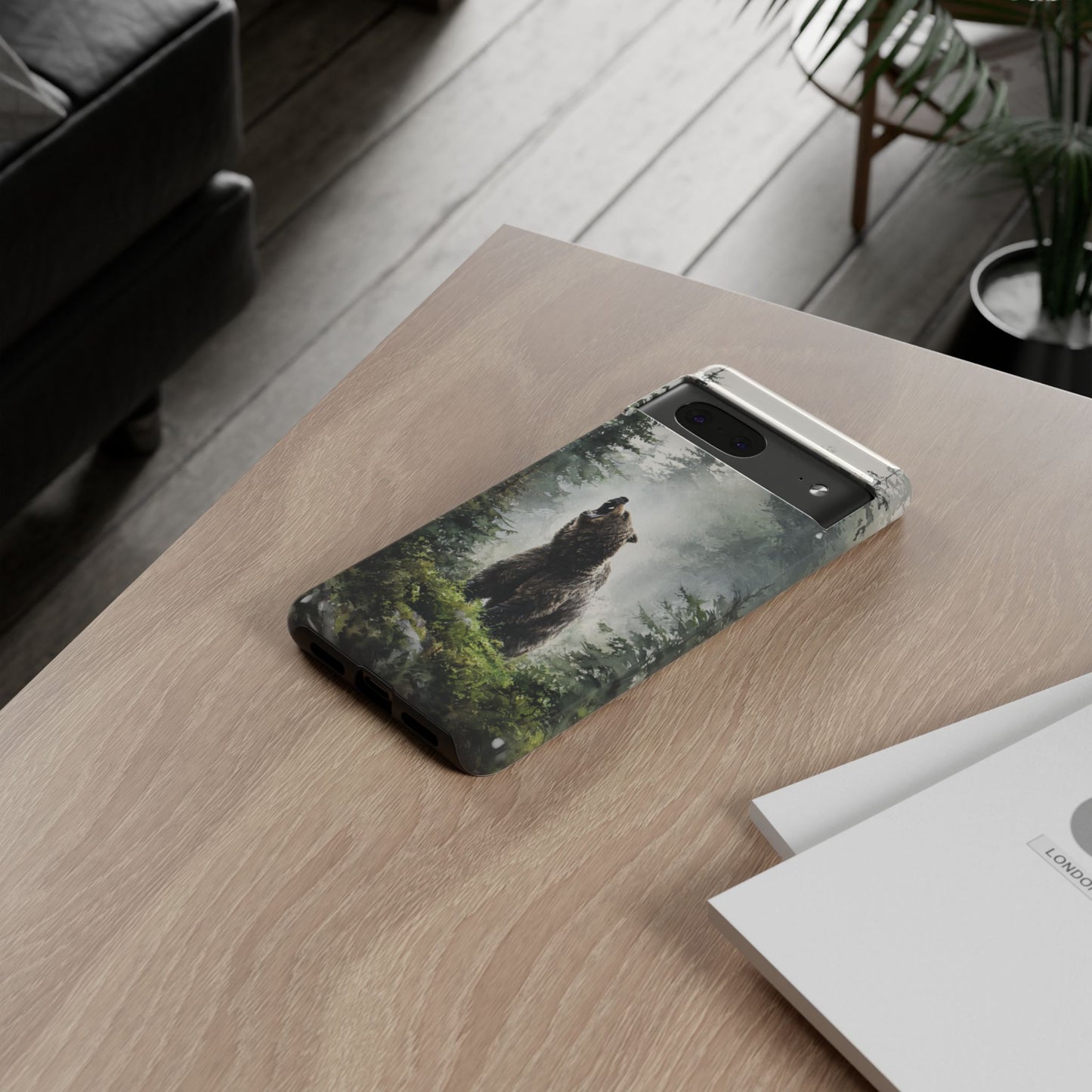 Outdoor adventure bear phone case with foggy forest - dual-layer tough case for hikers and nature lovers
