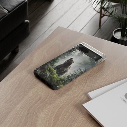 Outdoor adventure bear phone case with foggy forest - dual-layer tough case for hikers and nature lovers
