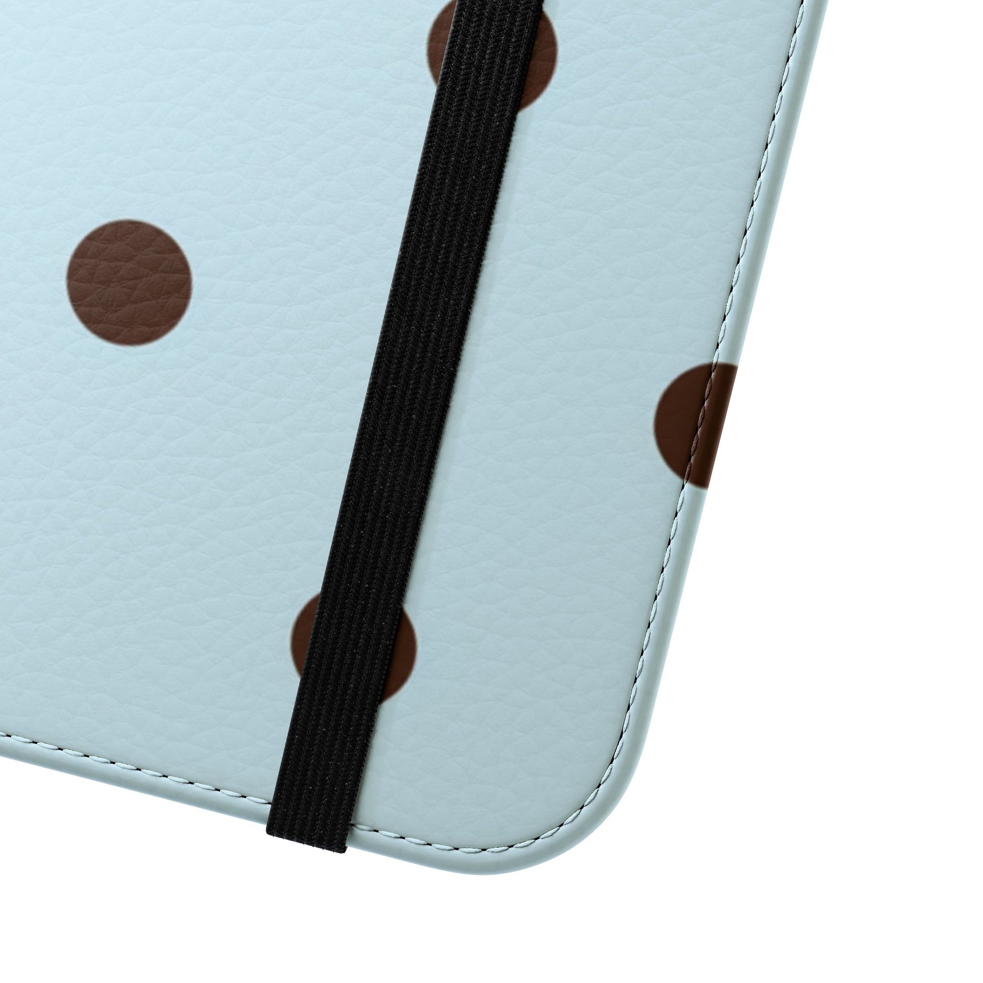 Vintage light blue polka dot flip phone case with chocolate brown dots, card slots and cruelty-free vegan leather exterior