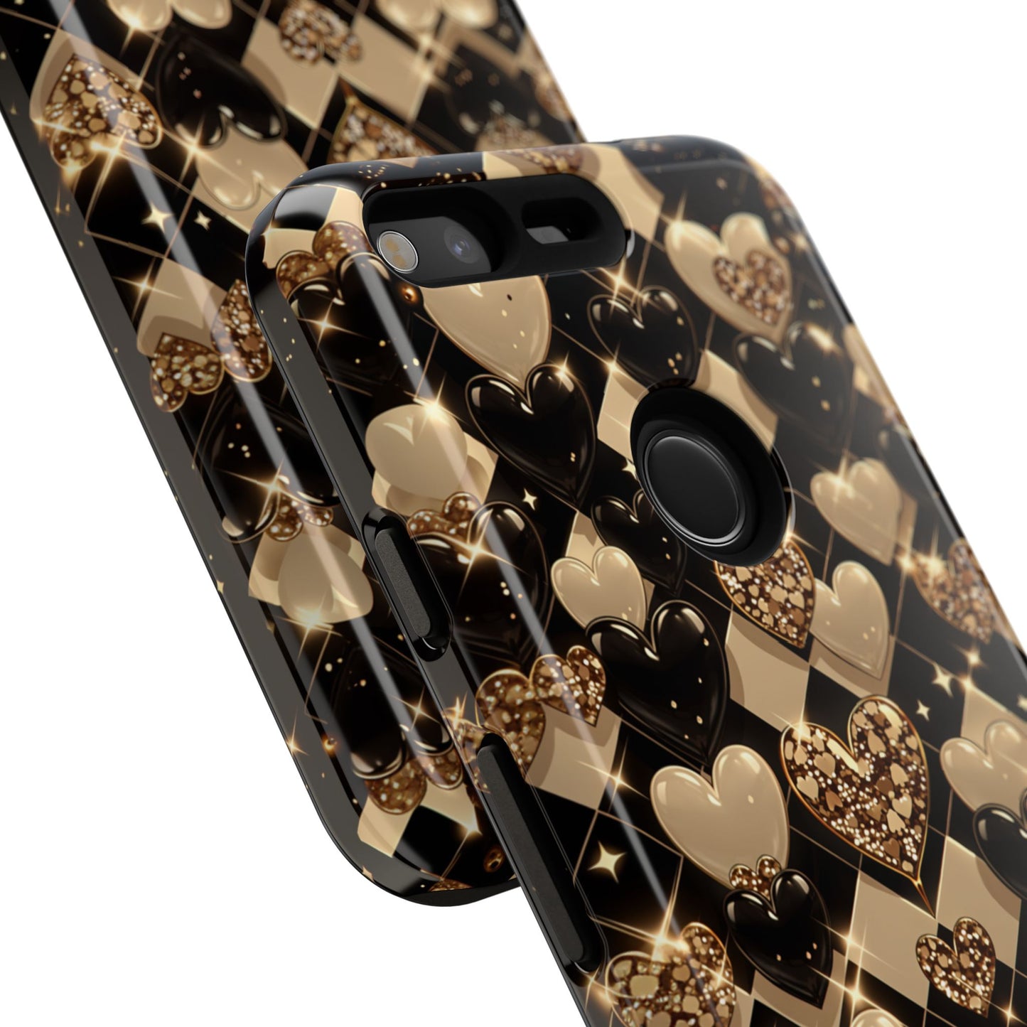 Romantic glitter tough phone case - Elegant black and gold pattern with full-wrap artwork and impact resistance
