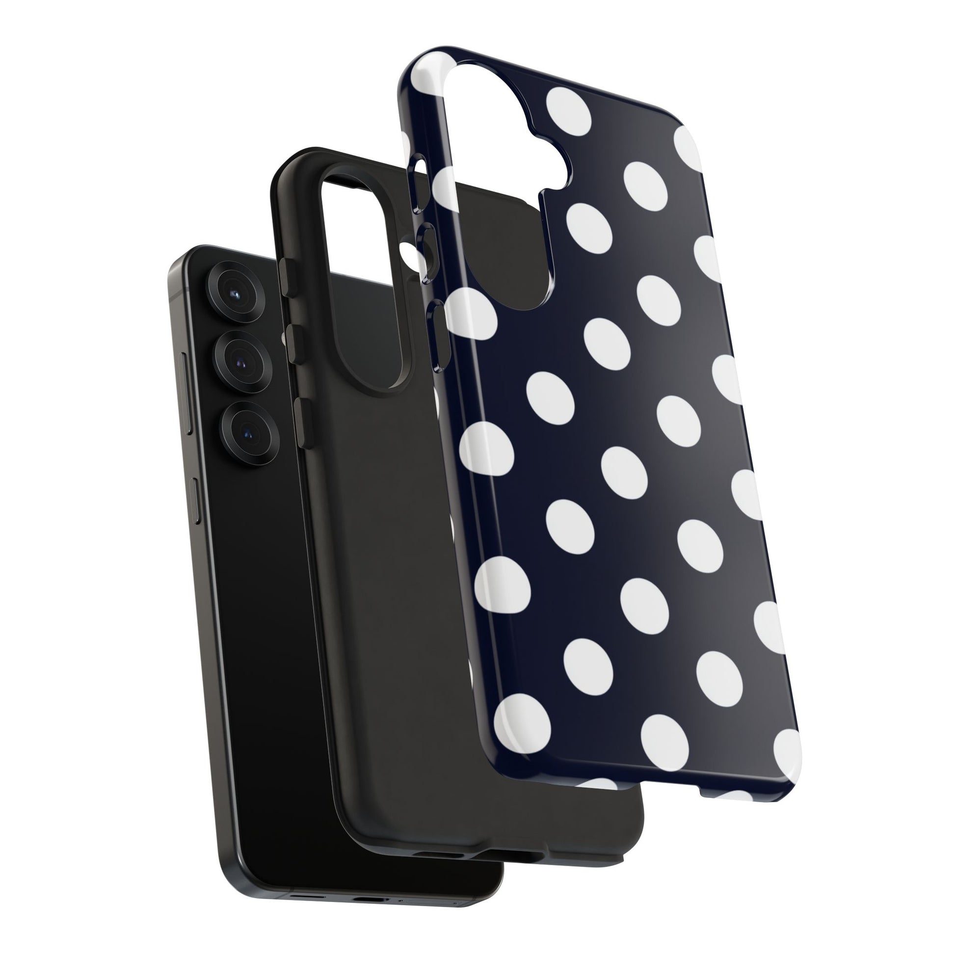 Dual-layer polycarbonate phone case with elegant navy blue polka dots
