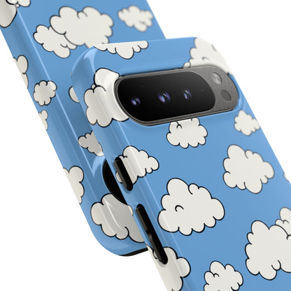 Whimsical blue sky phone cover with playful white cloud pattern and wireless charging support
