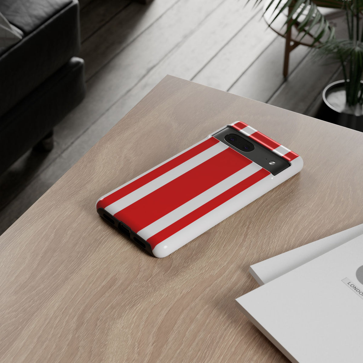 Coque de téléphone résistante à rayures rouges et blanches style course automobile - Motif à rayures verticales audacieuses pour iPhone, Samsung Galaxy et Google Pixel