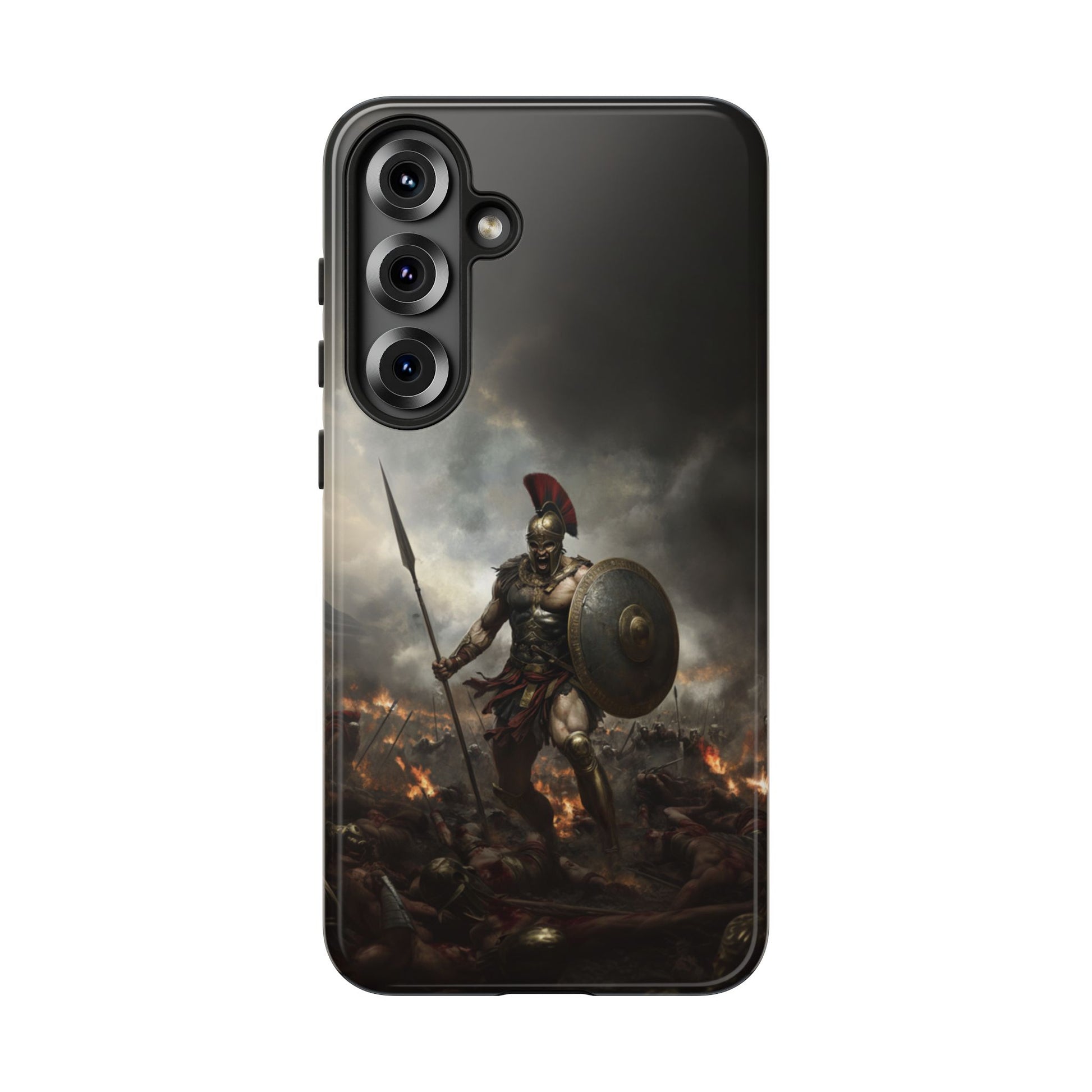 Epic Battle Phone Case - Spartan Warrior Design with Stormy Sky Background
