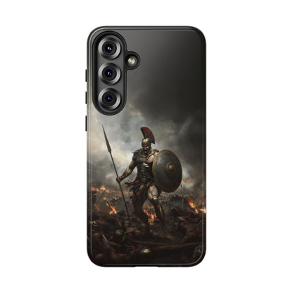 Epic Battle Phone Case - Spartan Warrior Design with Stormy Sky Background
