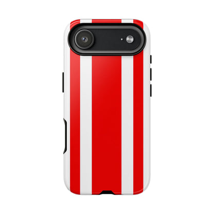 Red and white racing stripes phone case with bold vertical stripe pattern on white background for iPhone Samsung Galaxy Google Pixel
