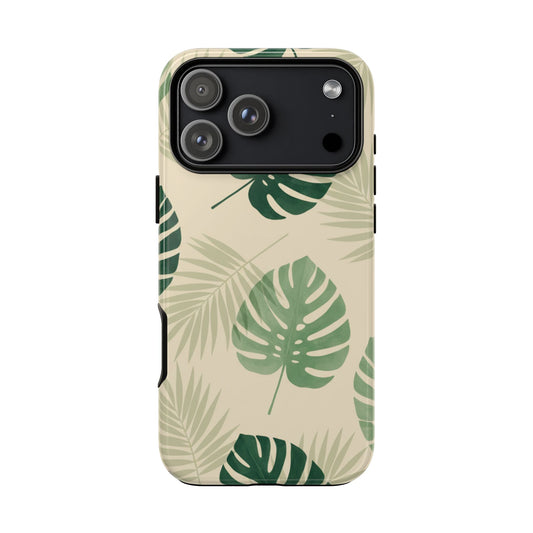 Tropical Leaf Phone Case - Green Beige Monstera Palm Pattern Design
