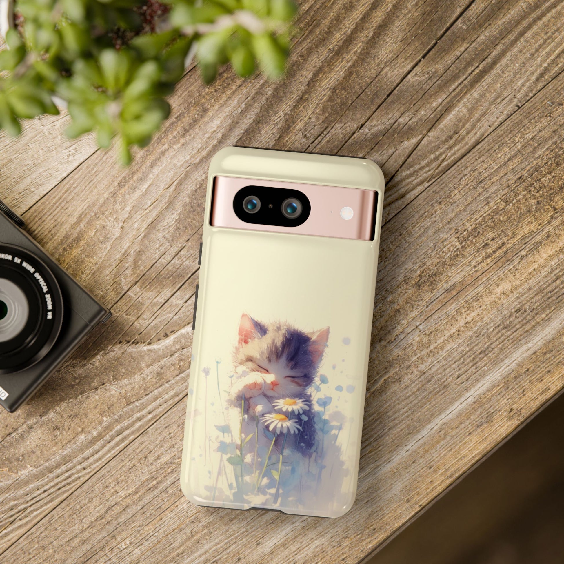 Cute kitten phone case featuring watercolor daisy floral garden design - protective cover for iPhone, Samsung Galaxy & Google Pixel
