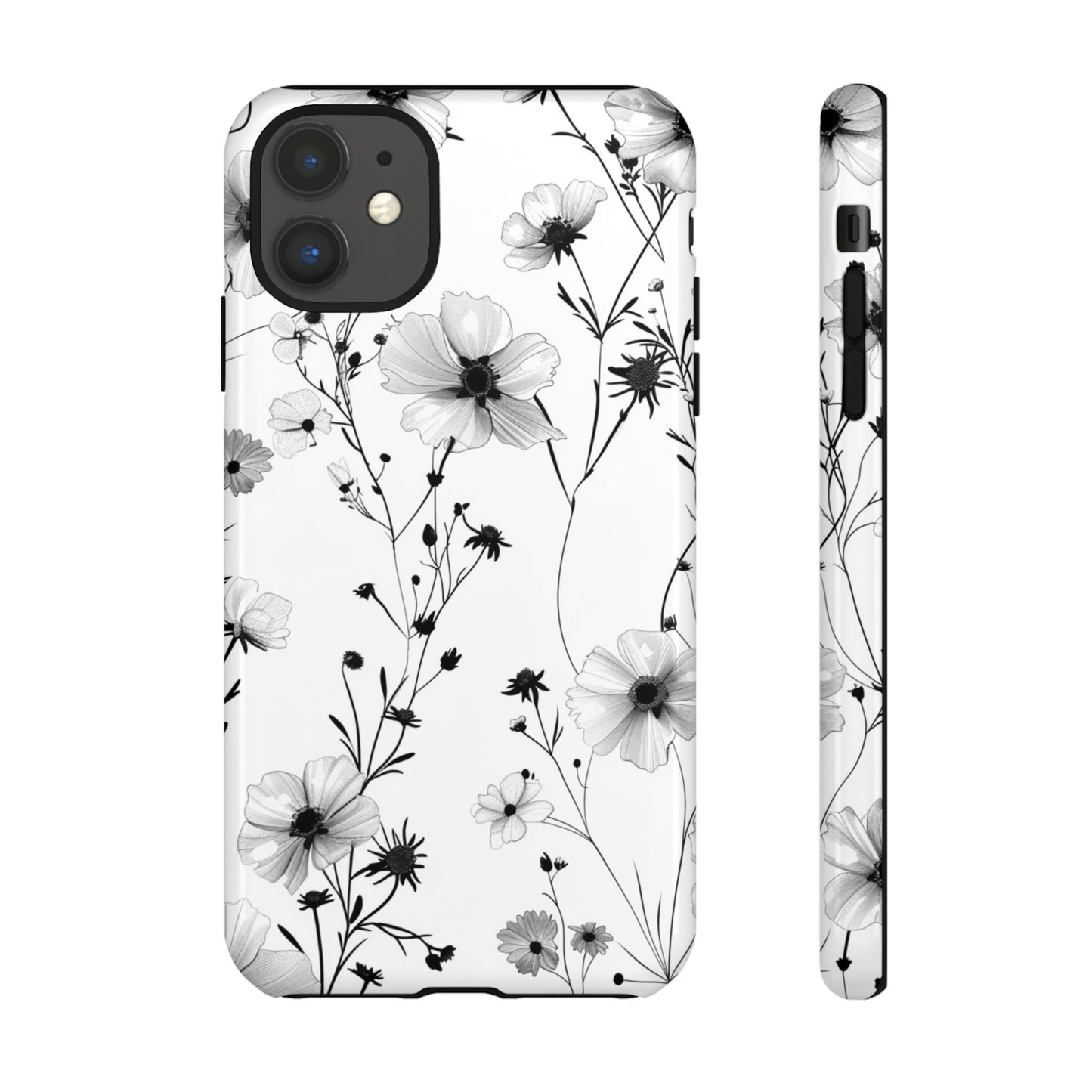 Blumen Tough Phone Case – Monochromes Schwarz-Weiß-Wildblumen Schutzcover für iPhone, Samsung Galaxy & Google Pixel