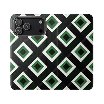 Green Diamond Geometric Flip Phone Case - Wallet Folio with Card Slots for iPhone, Samsung Galaxy & Google Pixel