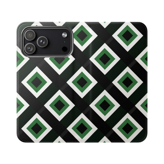 Funda tipo libro con diseño geométrico de diamante verde - Billetera con ranuras para tarjetas para iPhone, Samsung Galaxy y Google Pixel
