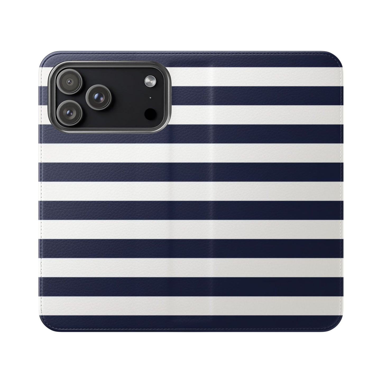Navy and white striped flip phone case with card slots and built-in stand for iPhone and Samsung Galaxy